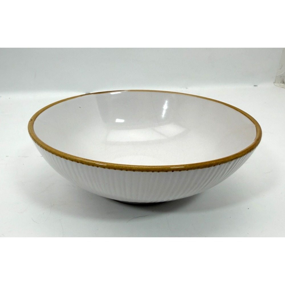 Royal Norfolk White Bowl 8 Inch Ribbed Fluted Brown Rim Stoneware Soup Pasta